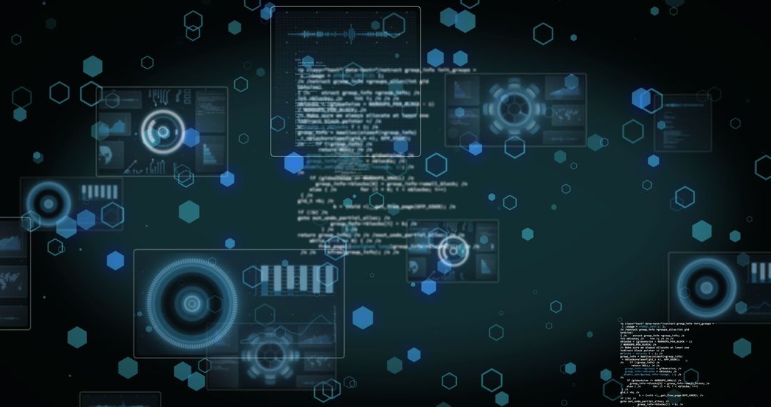 Futuristic Data Processing and Code Overlay on Black Background