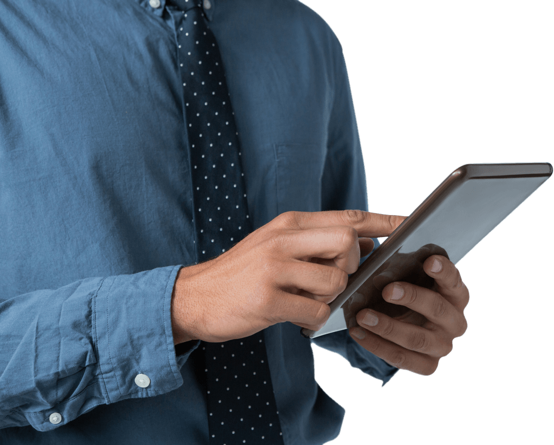 Caucasian Businessman Using Tablet with Transparent Background