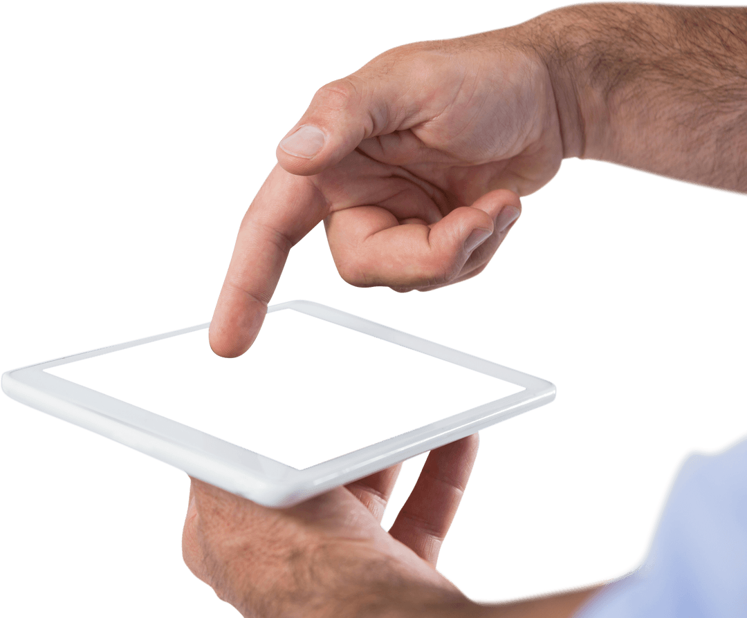 Close-Up of Hands Using Transparent Tablet on White Background