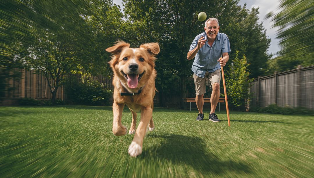 Senior Man Playing Fetch with Joyful Dog in Backyard