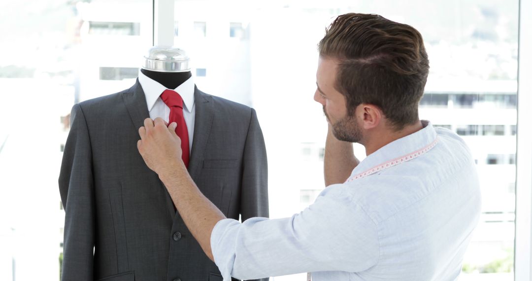 Fashion Designer Adjusting Red Tie on Mannequin in Bright Studio - Free Images, Stock Photos and Pictures on Pikwizard.com