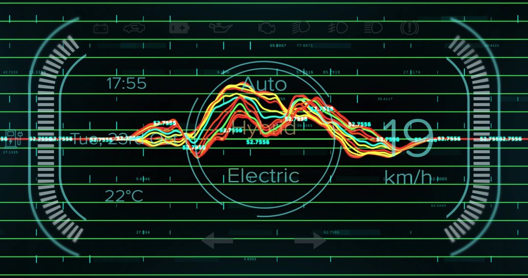 Futuristic Electric Vehicle HUD Telemetry with Neon Wave Analytics and Digital Speed Gauge