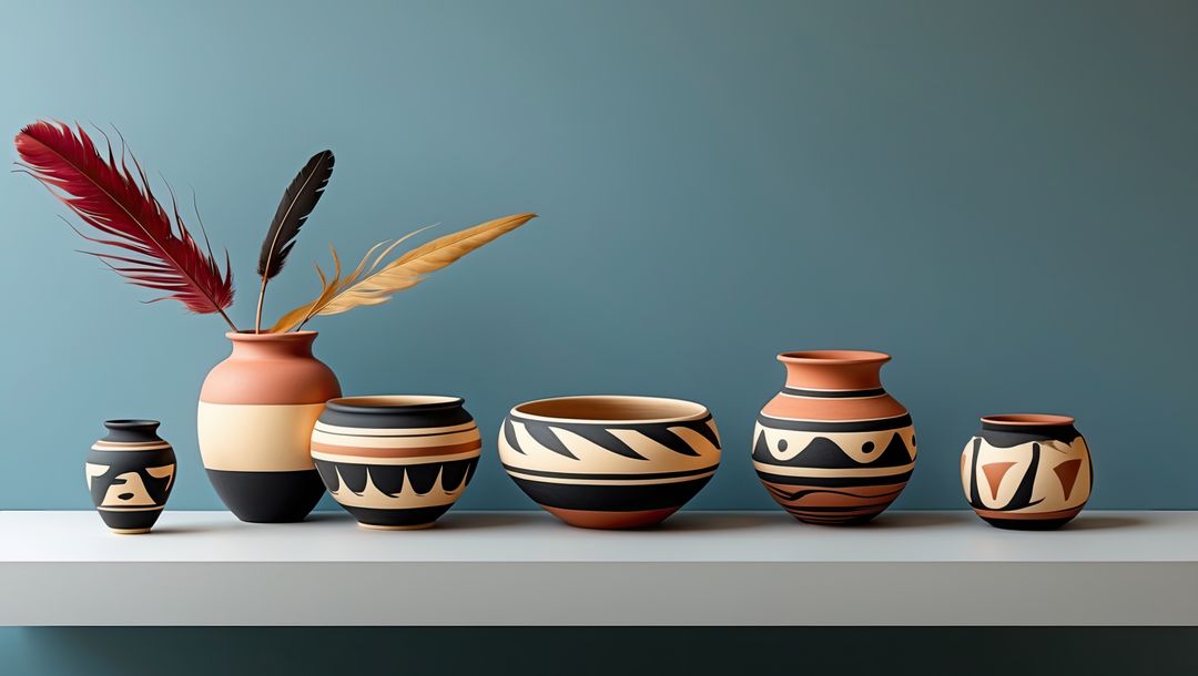 Colorful native american ceramic vases with patterns in elegant gallery display