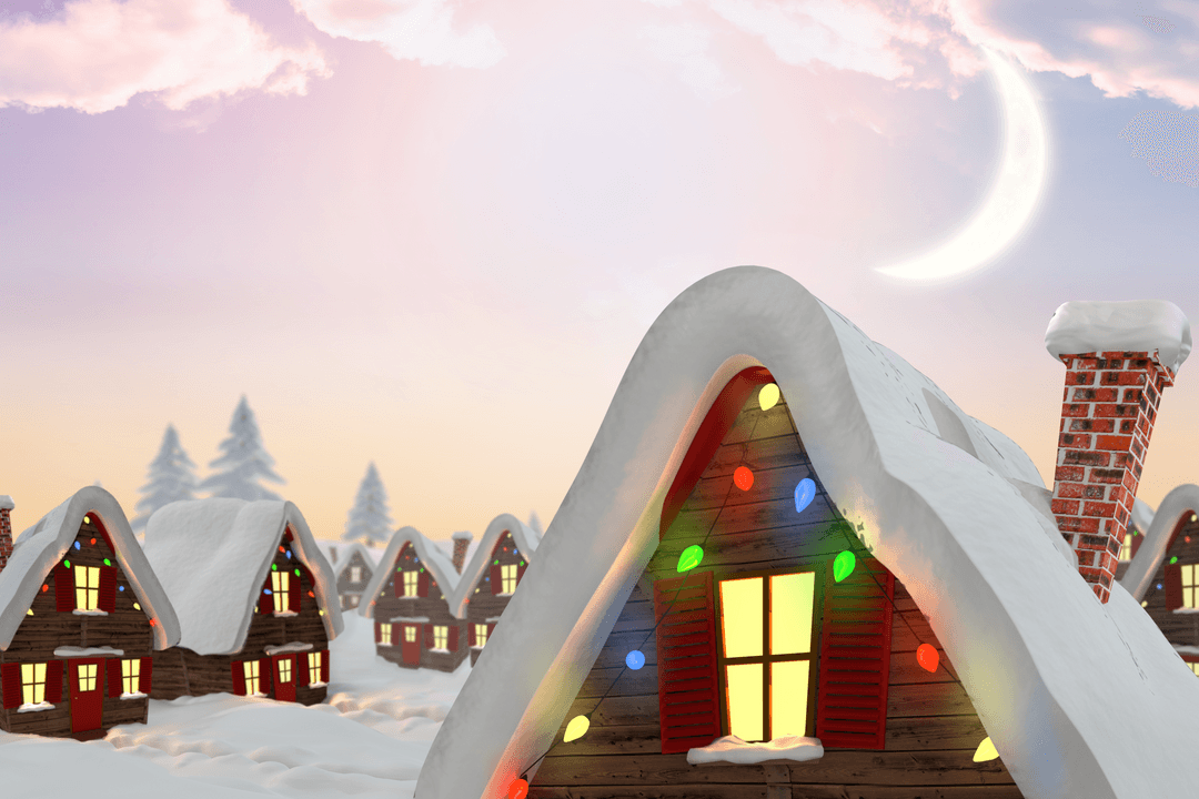 Winter Village Houses with Christmas Lights on Transparent Background