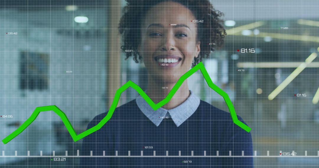 Smiling Businesswoman with Data Charts Overlay in Modern Office