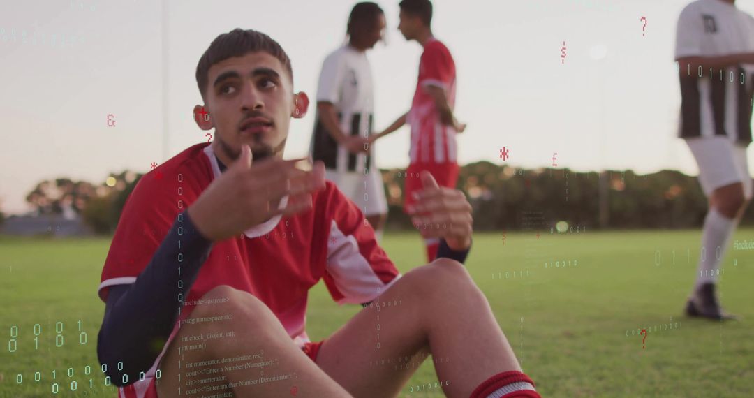 Frustrated Soccer Player Gesturing During Sunset Match on Field