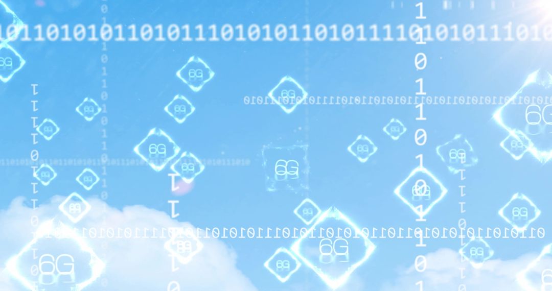 Futuristic 6G Technology Icons Floating Against Blue Sky