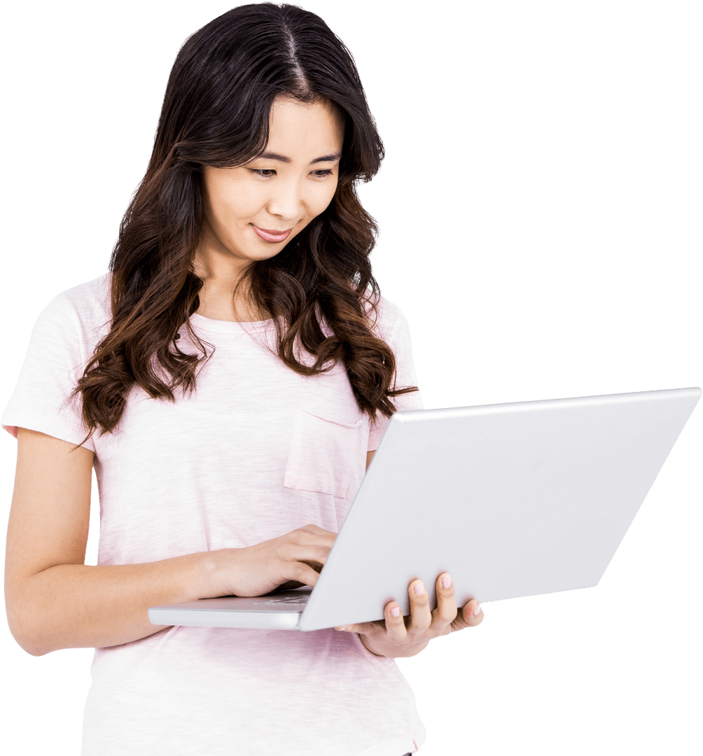 Smiling Young Woman Using Laptop with Positive Expression Transparent Background
