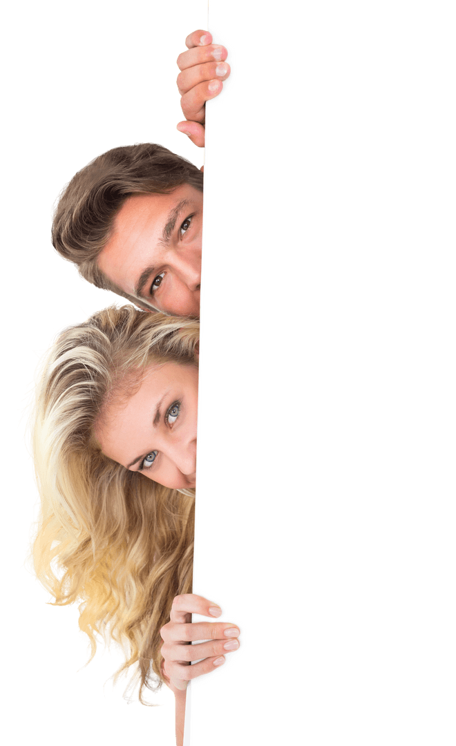 Smiling Couple Peeking from Behind Transparent Banner