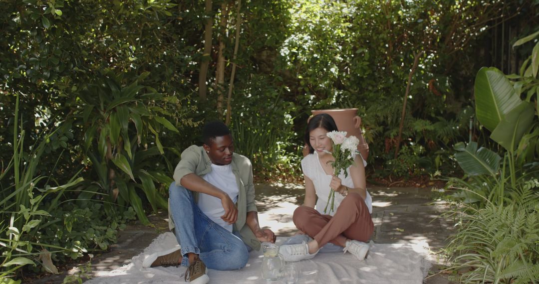 Couple Experiencing Memorable Proposal in Lush Garden