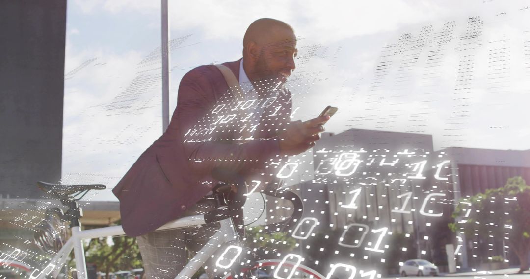 Businessman Viewing Smartphone Data While Leaning on Bicycle