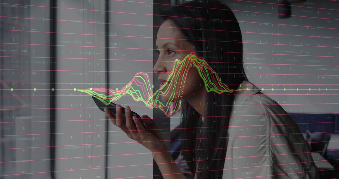 Business Woman Issuing Voice Command on Smartphone with Data Overlay