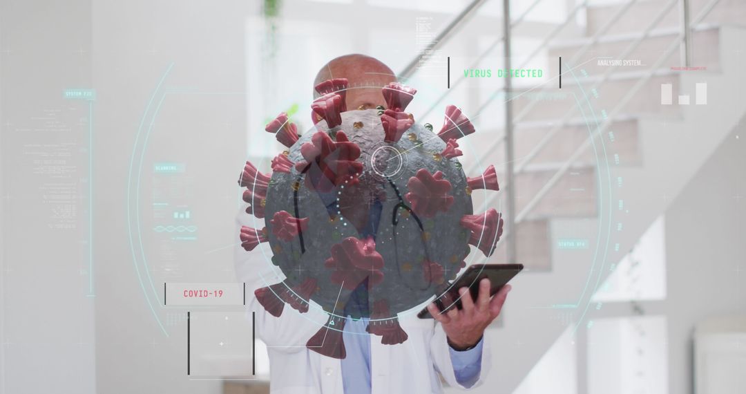 Senior Doctor Using Tablet Surrounded by Digital COVID-19 Graphics
