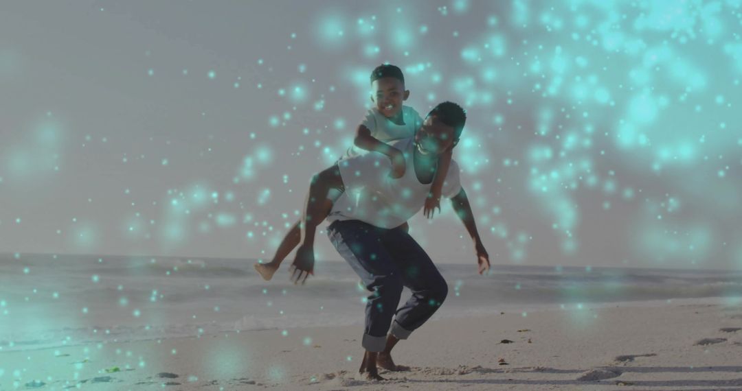 Playful Piggyback Ride on Sandy Beach with Magical Glow