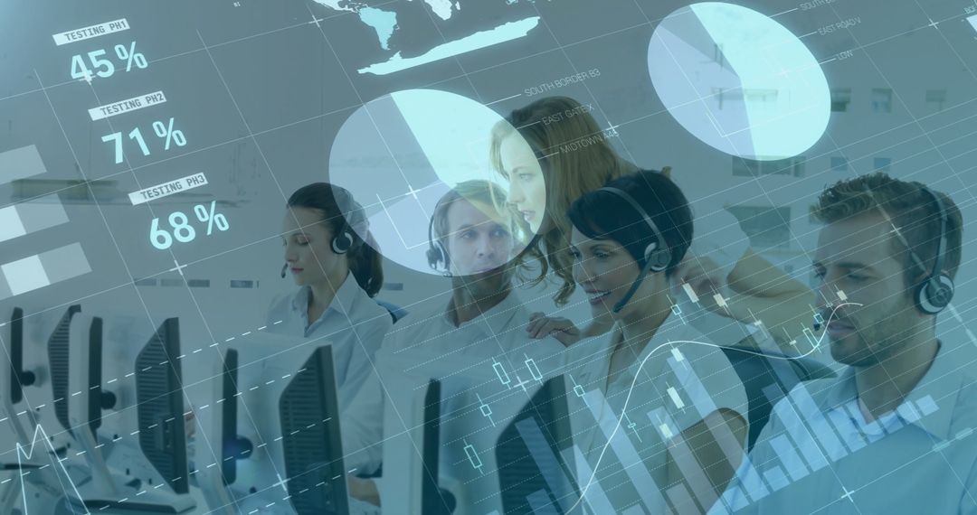 Support Team with Headsets Analyzing Business Data at Call Center