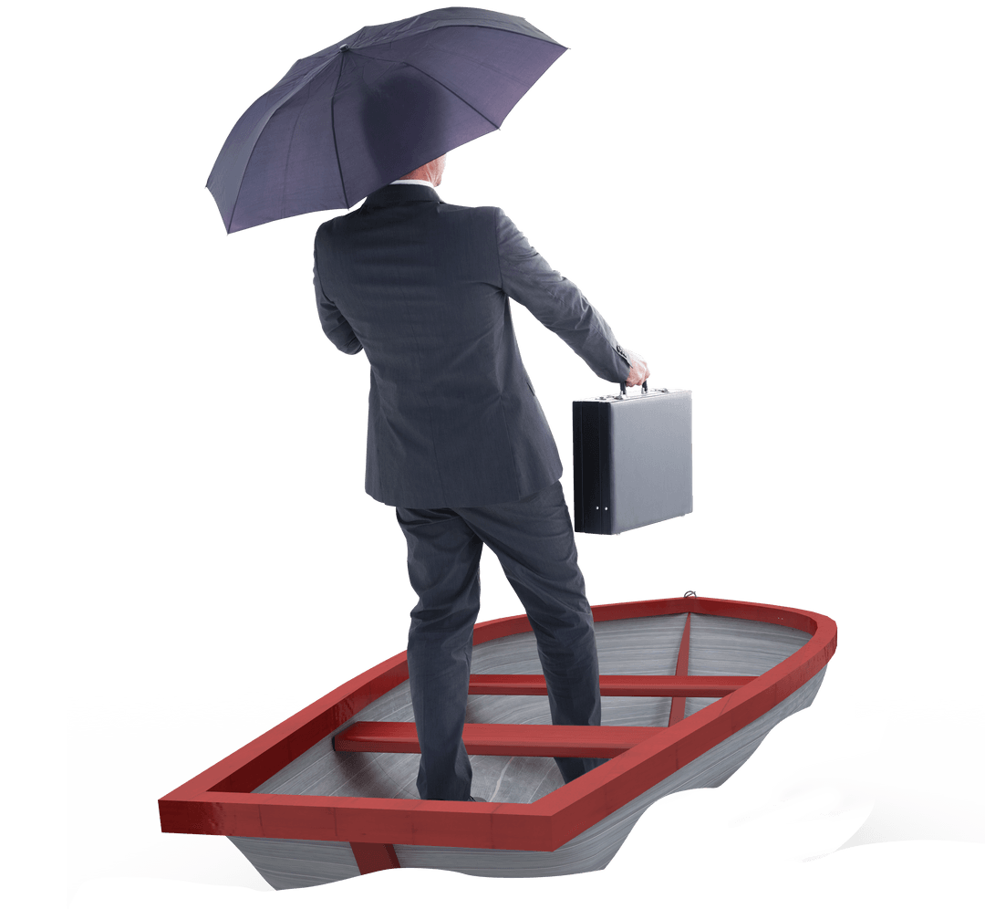 Caucasian Businessman in Boat with Umbrella Transparent Design