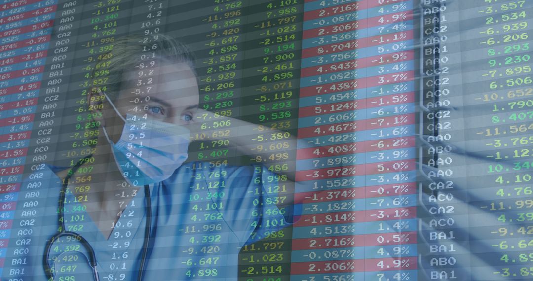 Nurse Analyzing Financial Data on Transparent Digital Display