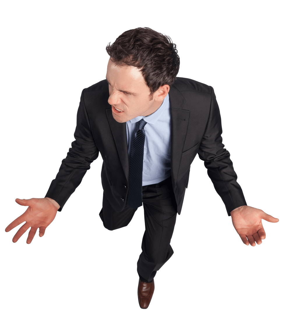 Angry Businessman in Suit Making Frustrated Gesture on Transparent Background