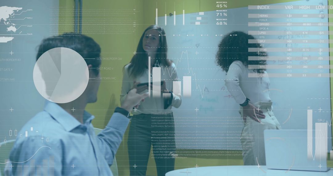 Diverse Business Team Handling Financial Data with Digital Interface