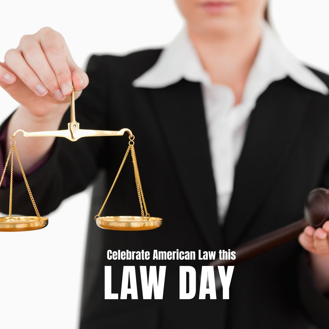 Professional Woman Holding Justice Scales With Law Day Message