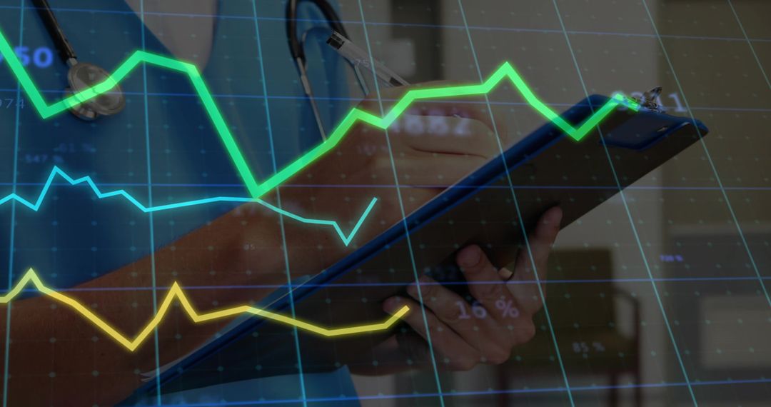 Clinician Writing on Clipboard with Data Visualization Overlays for Healthcare Analytics