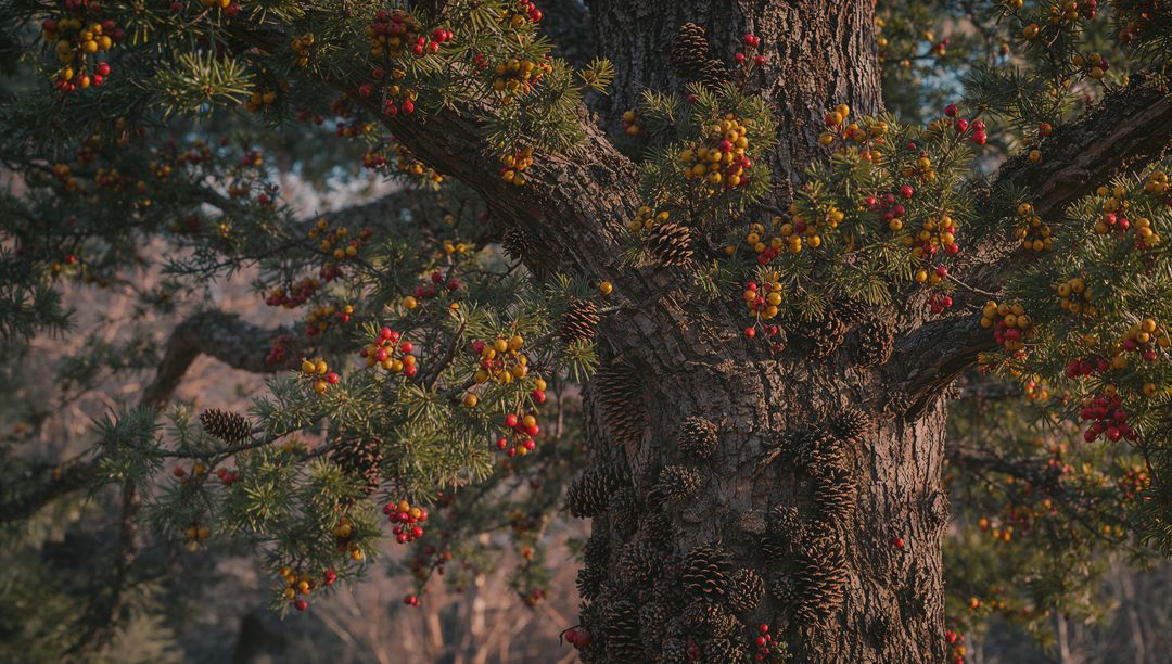 Colorful Conifer Trunk with Berries and Pine Cones in Woodland Setting