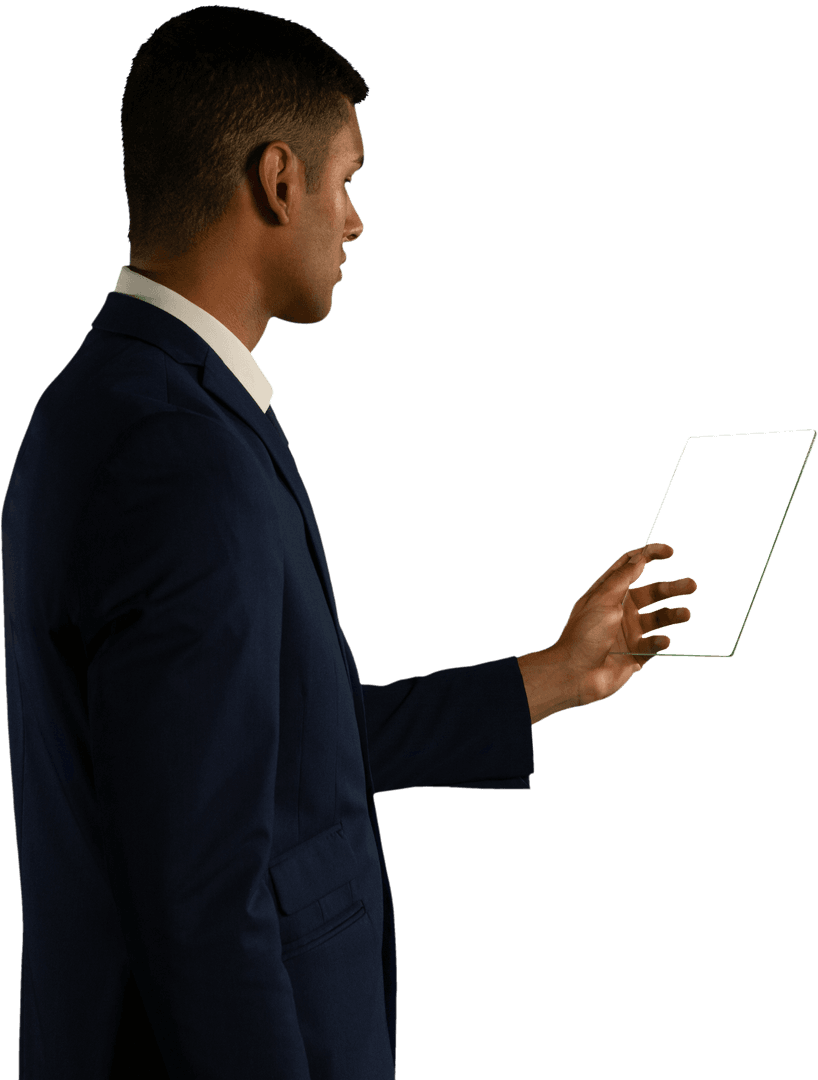 Businessman Interacting with Transparent Glass Tablet