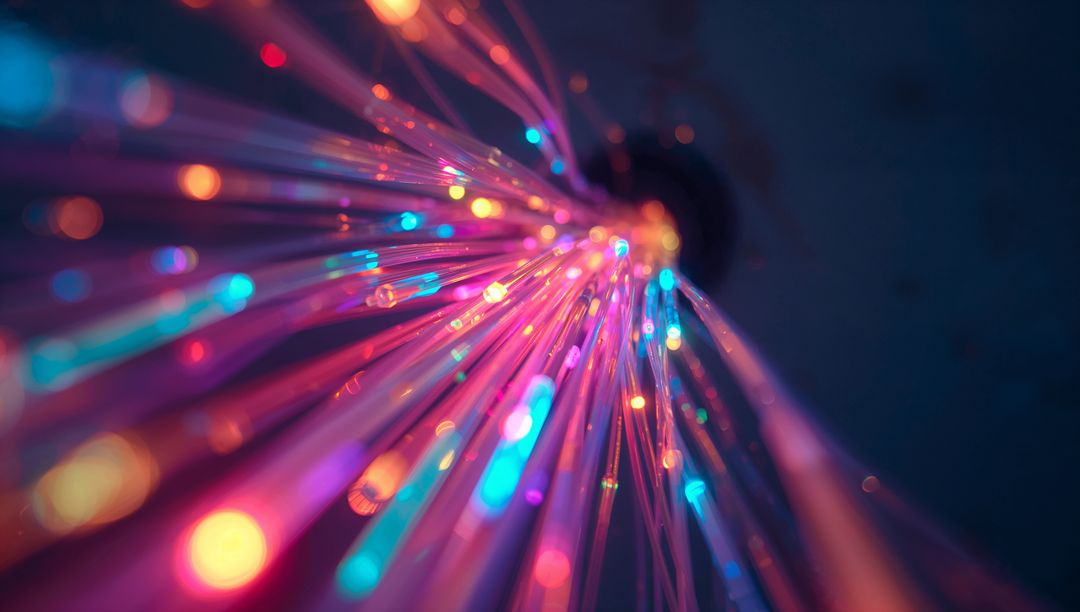 Vibrant Fiber Optic Cables Glowing with Multicolor Bokeh Lights
