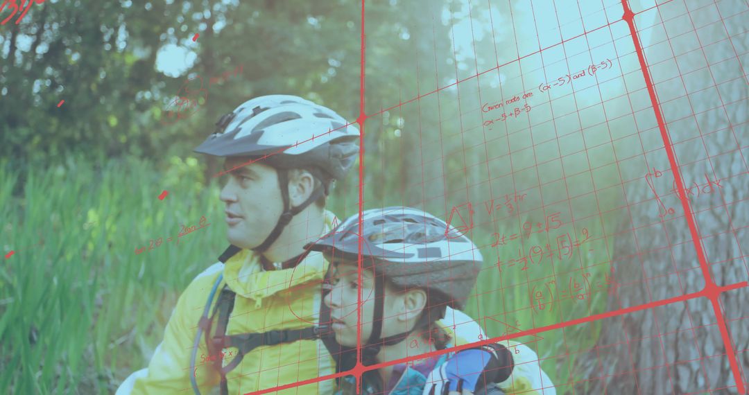 Adventurous Couple Exploring Forest with Technological Overlay