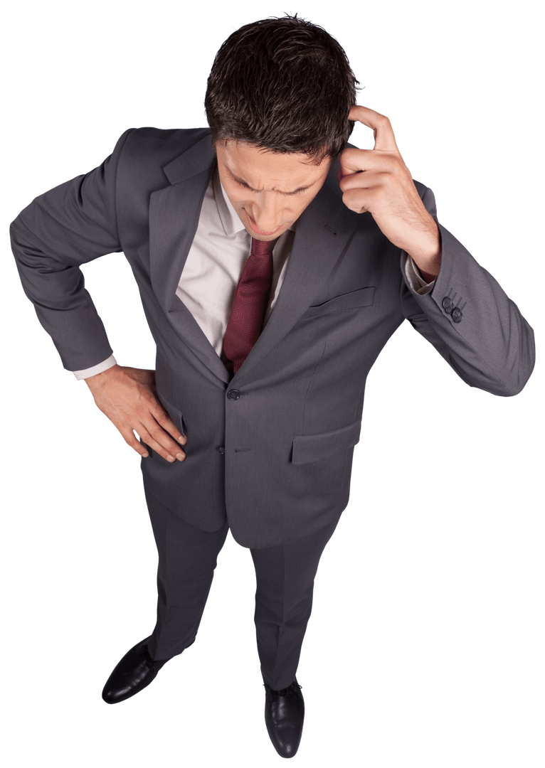 Confused Businessman in Suit Scratching Head with Transparent Background