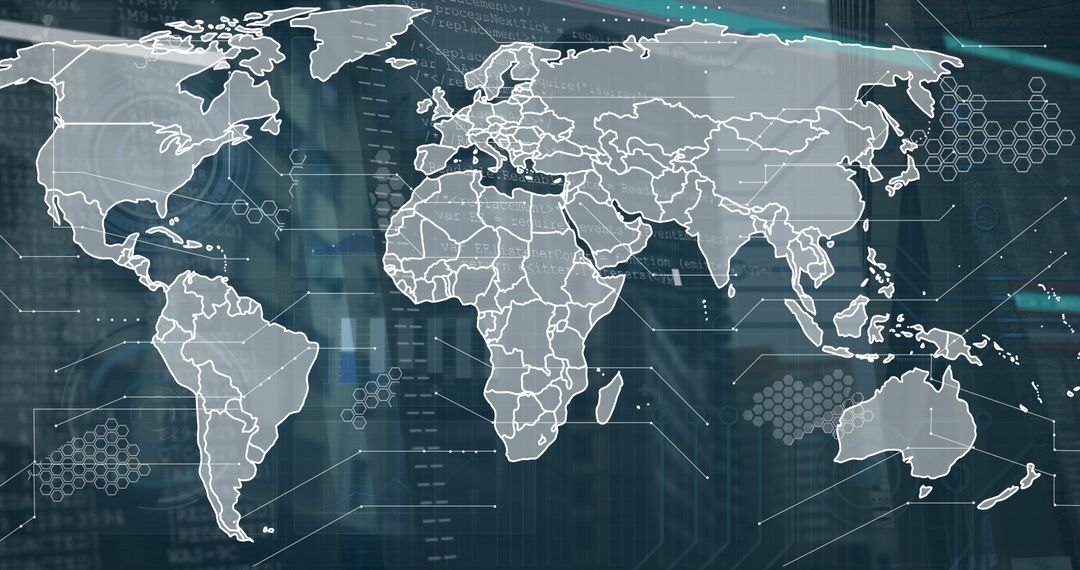 Data Interface Over Cityscape with World Map Overlay