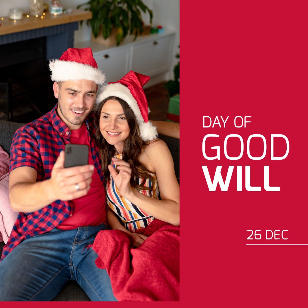 Composition of day of goodwill text over caucasian couple in santa hats taking selfie at christmas - Download Free Stock Templates Pikwizard.com
