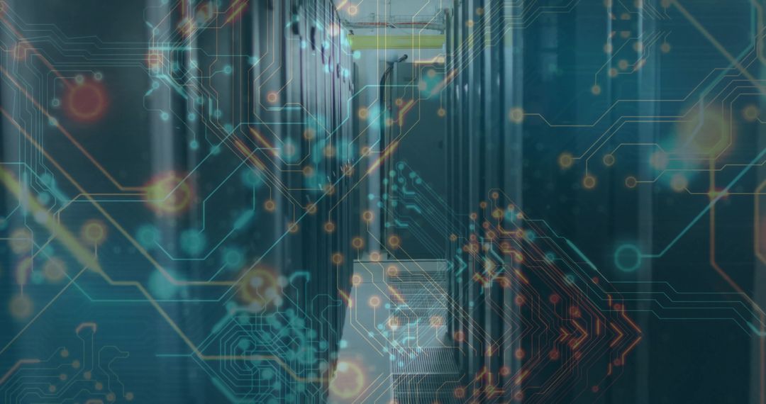 Server Room with Digital Circuit Overlay Illustrating Cybersecurity