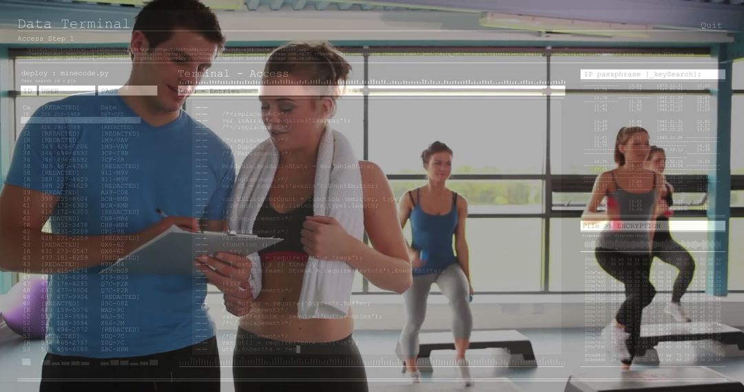 Instructor Coaching Fitness Class with Tablet Technology Overlay