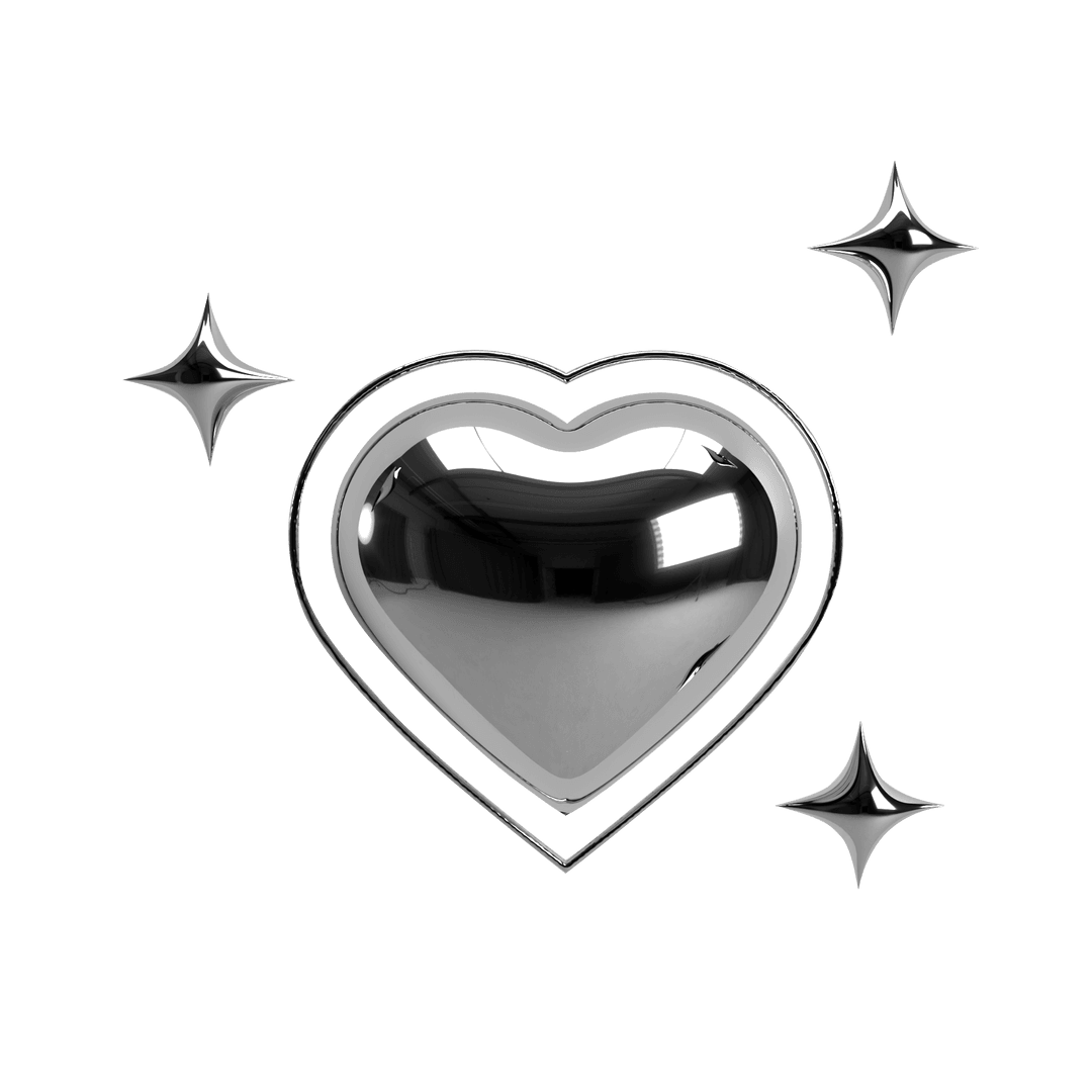 Shiny Chrome Heart 3D Illustration with Stars on Transparent Background