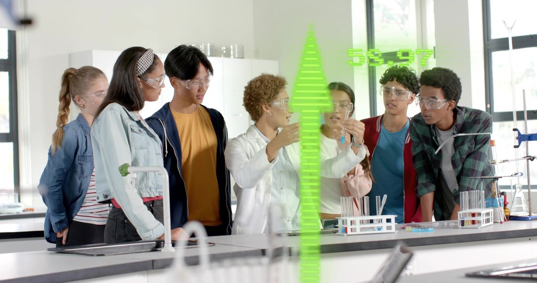 Instructor Demonstrating Chemistry Experiment with Diverse Students Using AR Visualization