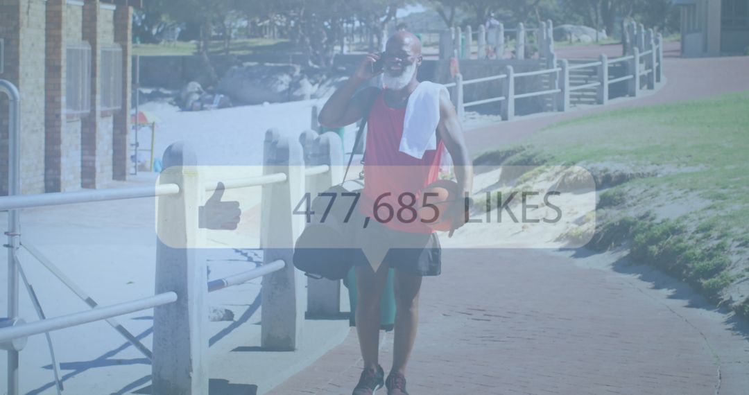 Senior Man Enjoying Beach with Digital Engagement Overlay