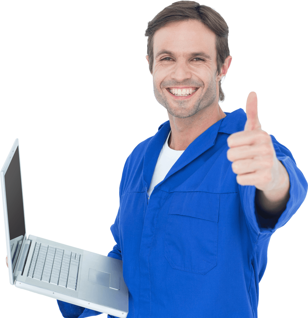 Happy Mechanic Giving Thumbs Up with Laptop, Confident Gesture Transparency