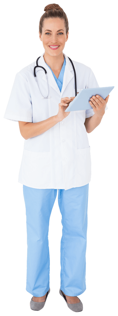 Smiling Nurse Using Tablet on Transparent Background