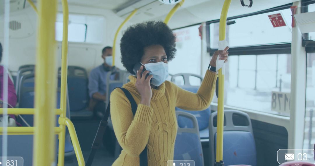 Woman Wearing Face Mask Talking on Phone in Public Bus