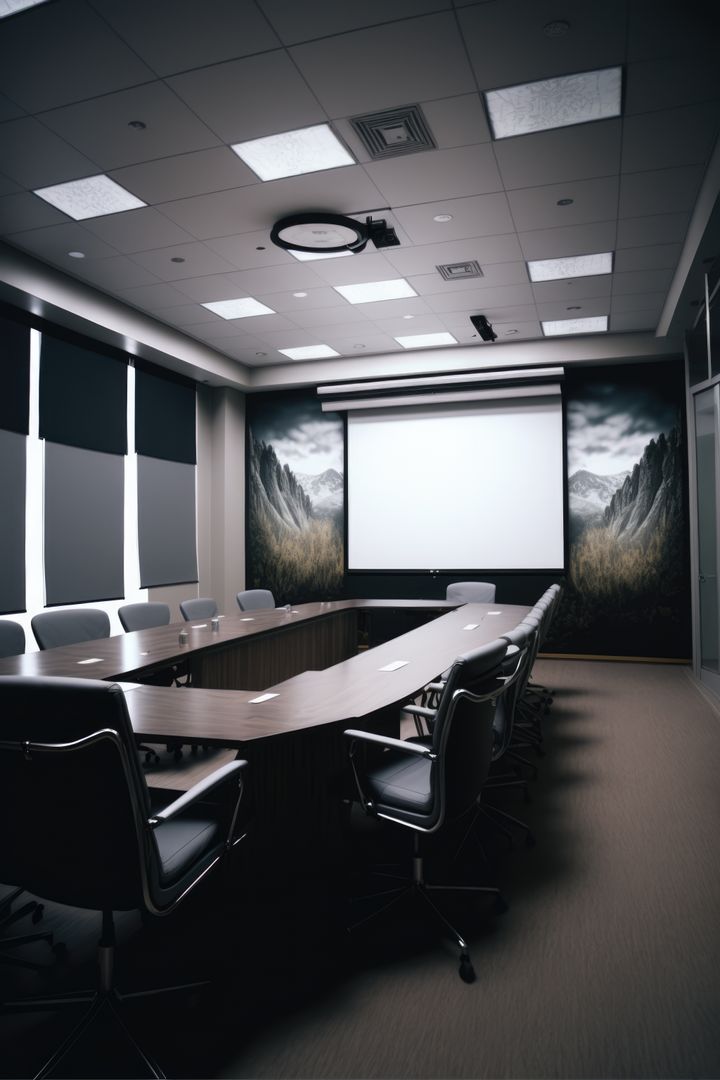 Modern Conference Room with Projector Screen and Mountain Wallpaper - Free Images, Stock Photos and Pictures on Pikwizard.com
