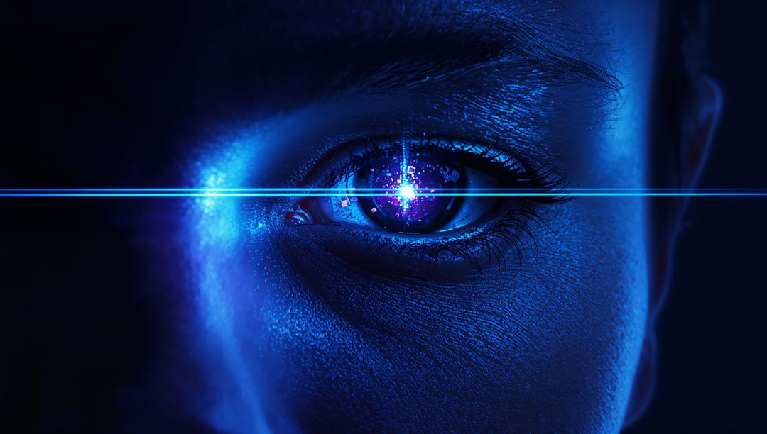 Futuristic cybernetic eye glowing with neon circuitry and lens flare, extreme close-up gaze