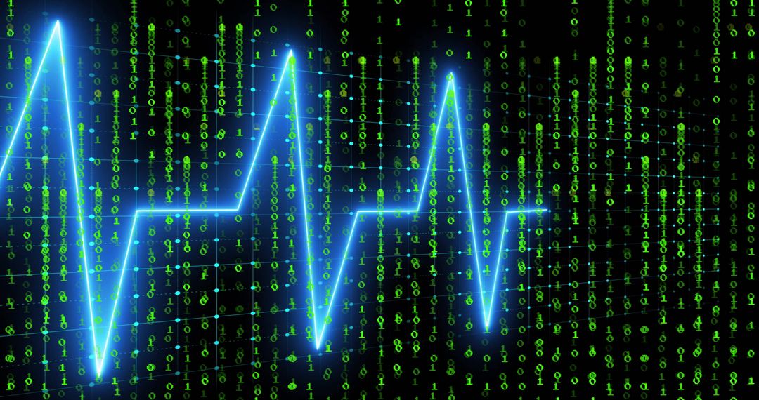 Futuristic Neon-blue ECG Waveform amid Streaming Binary Code