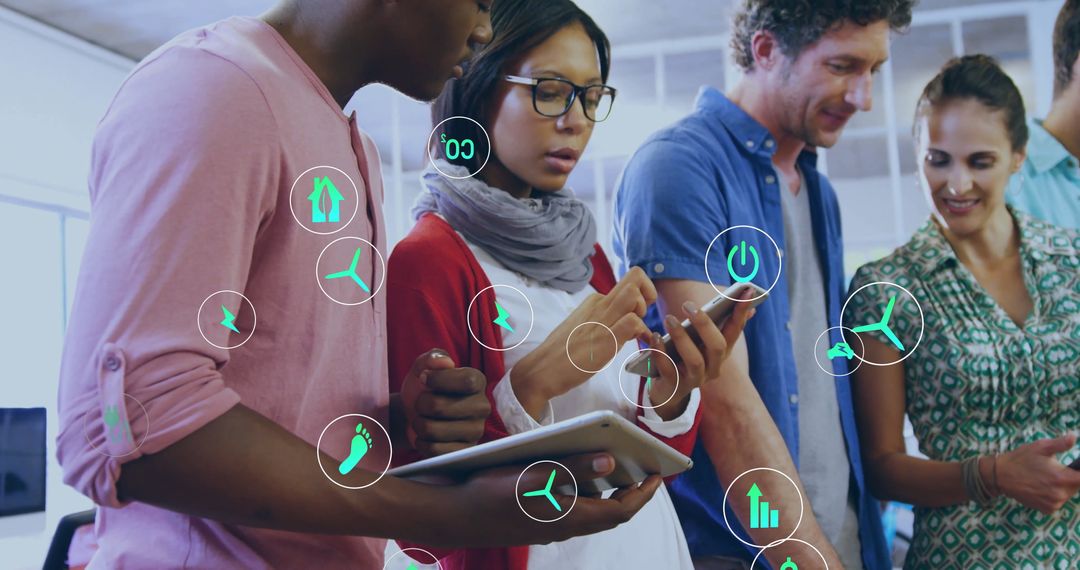 Diverse Team Collaborating with Technology and Ecology Icons