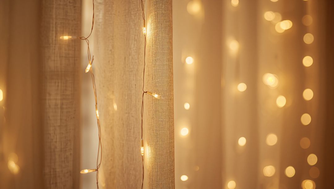Warm fairy lights on sheer beige curtains creating cozy golden bokeh backdrop interiors