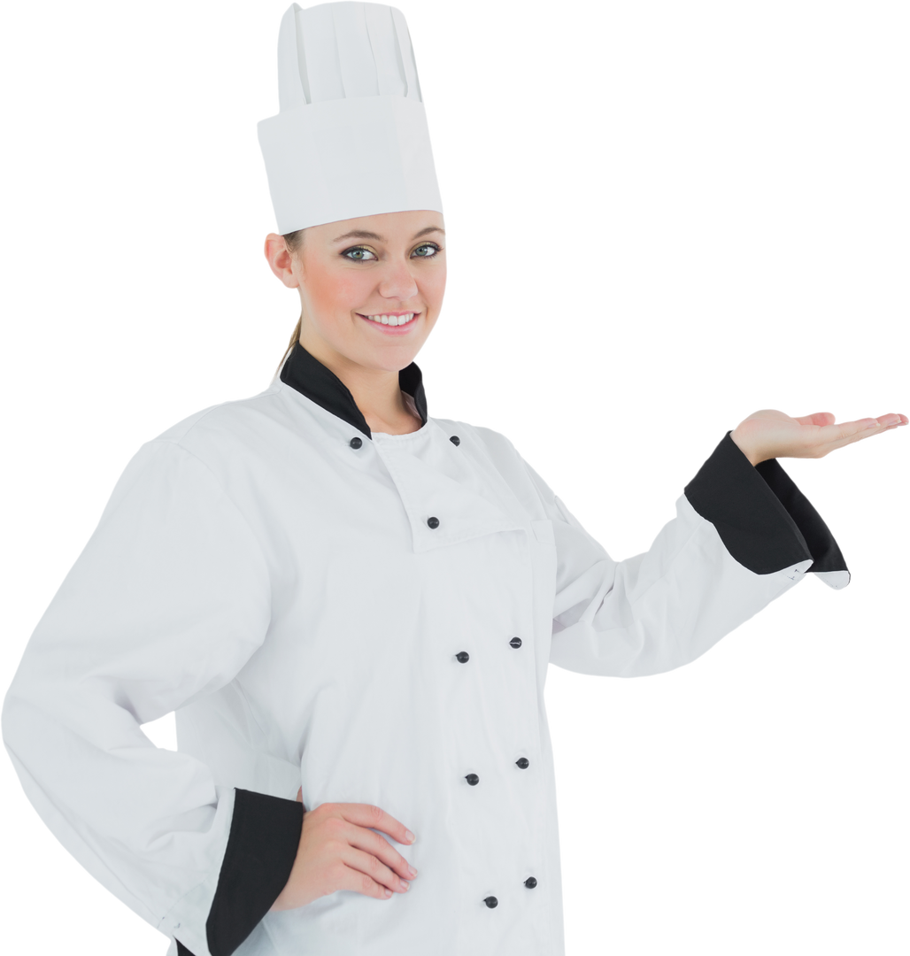 Transparent Smiling Female Chef Presenting with Open Hand - Download Free Stock Images Pikwizard.com