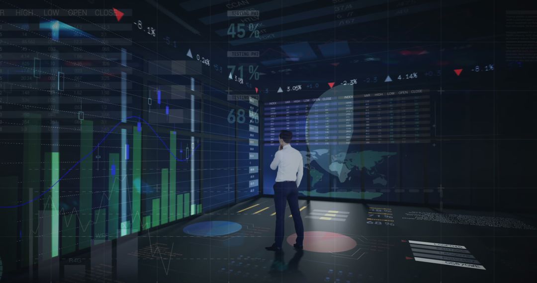 Financial Analyst Analyzing Data Streams on Digital Screens in Modern Office - Free Images, Stock Photos and Pictures on Pikwizard.com