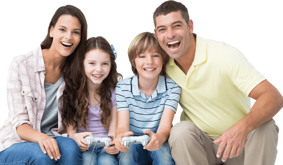 Smiling Family Playing Video Games on Transparent Background