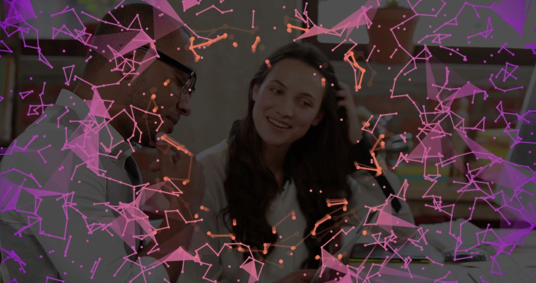 Teamwork in Modern Office with Data Visualization Overlay