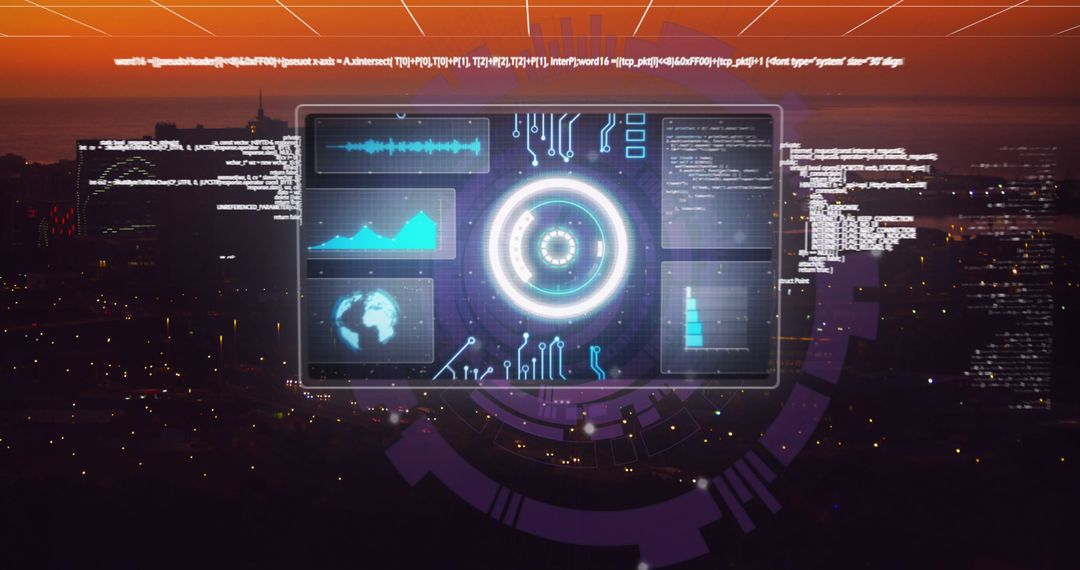 Futuristic Digital Interface Over Cityscape at Dusk
